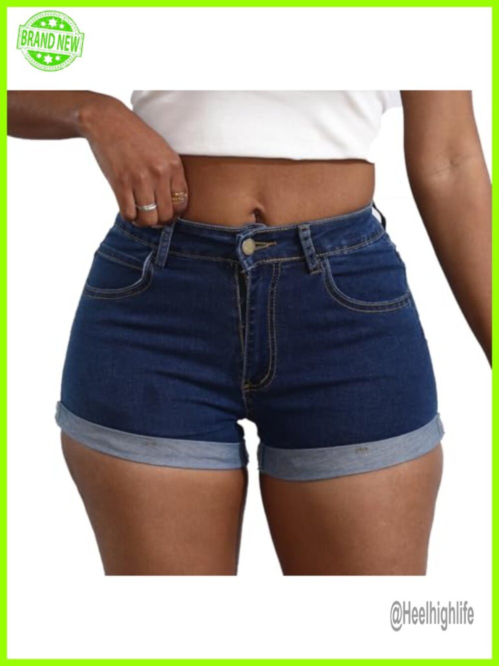High Waisted Stretchy Denim Shorts Folded Hem Button Zip Fly